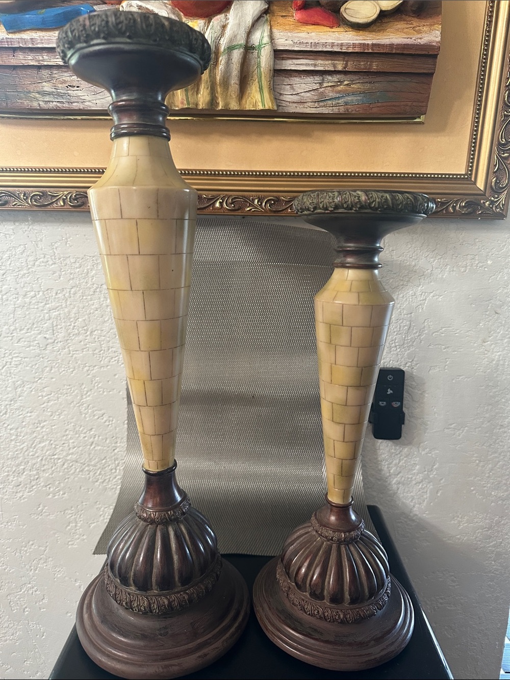 Home Accents Cream and Brown Mosaic Tapered Candle Holders (Pair)